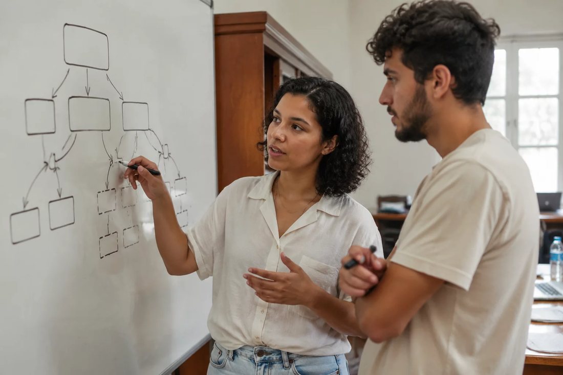 Duas pessoas diante de um quadro branco com a armação de um argumento rabiscada